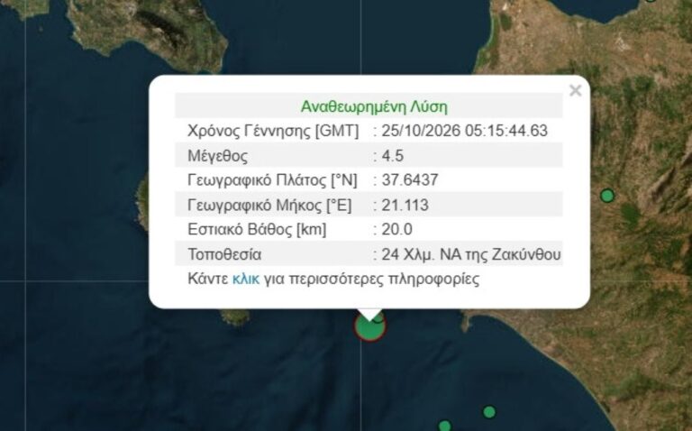 Σεισμός 4,5 Ρίχτερ ξύπνησε τη Ζάκυνθο και έγινε αισθητός στην Ηλεία